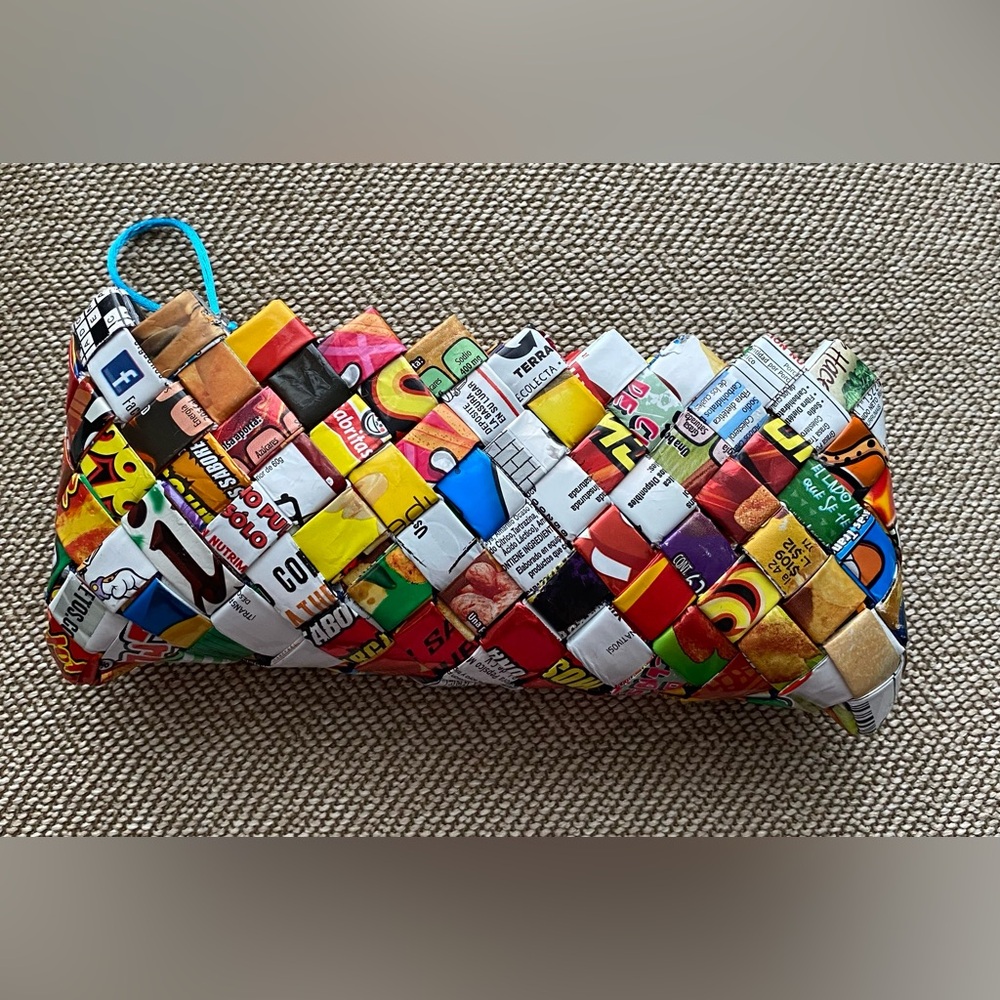 Vintage Mexican Candy Wrapper Zippered Pouch. Multicolor Woven Pattern,8x3.5 in.